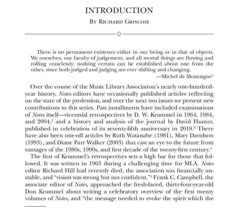 First page of Griscom's introduction to the 80th anniversay issue of Notes