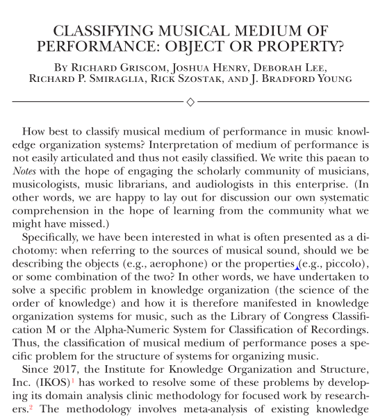 First page of Griscom et al. article on classifying music by medium of performance